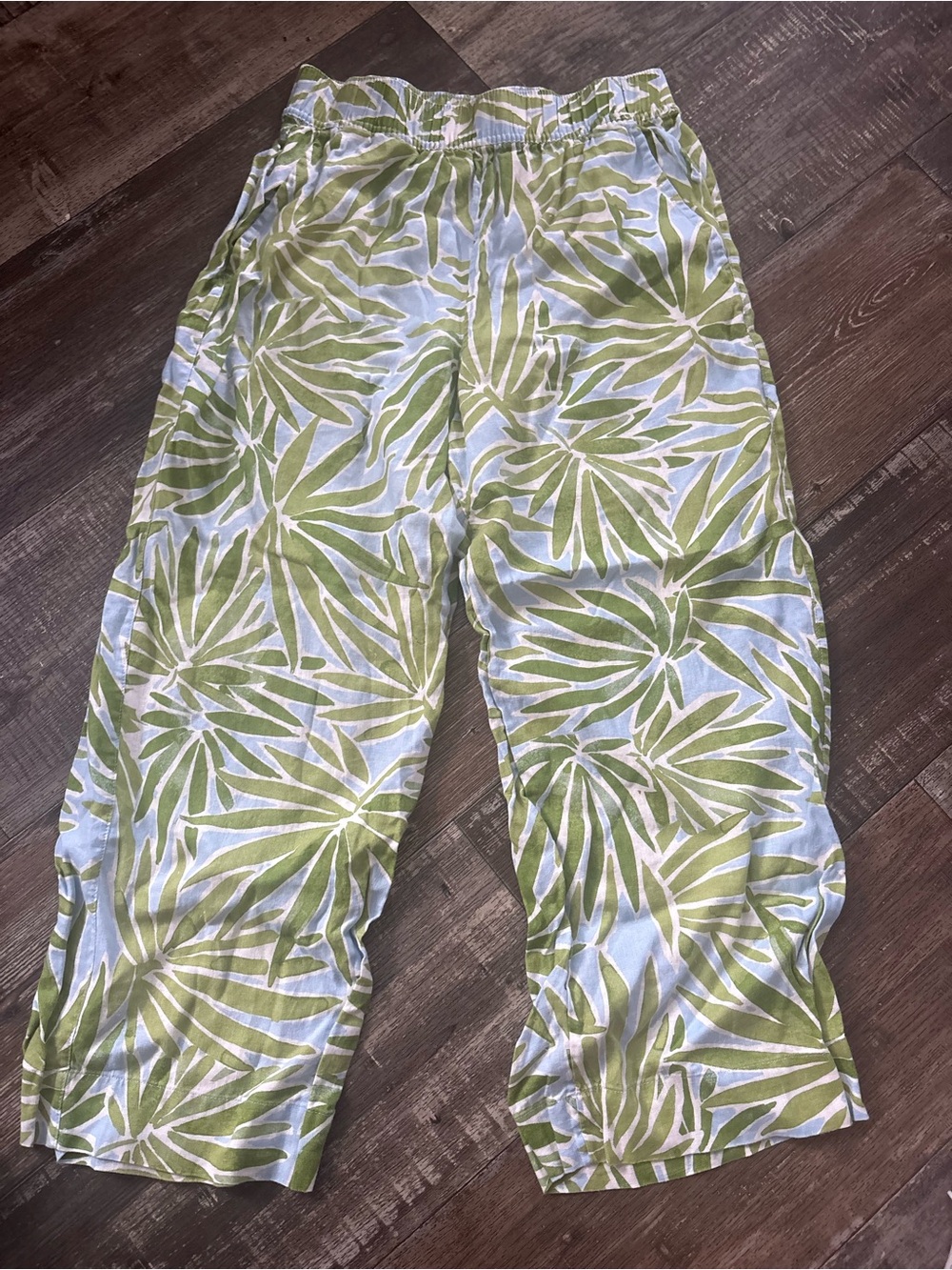 Sigrid Olsen 100%Linen Leaf-Print Pants in Green & Light Blue small